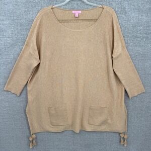 Lilly Pulitzer Tan Elba Sweater Knit Top Sz L 3/4 Sleeve Pockets Tassel Coolmax